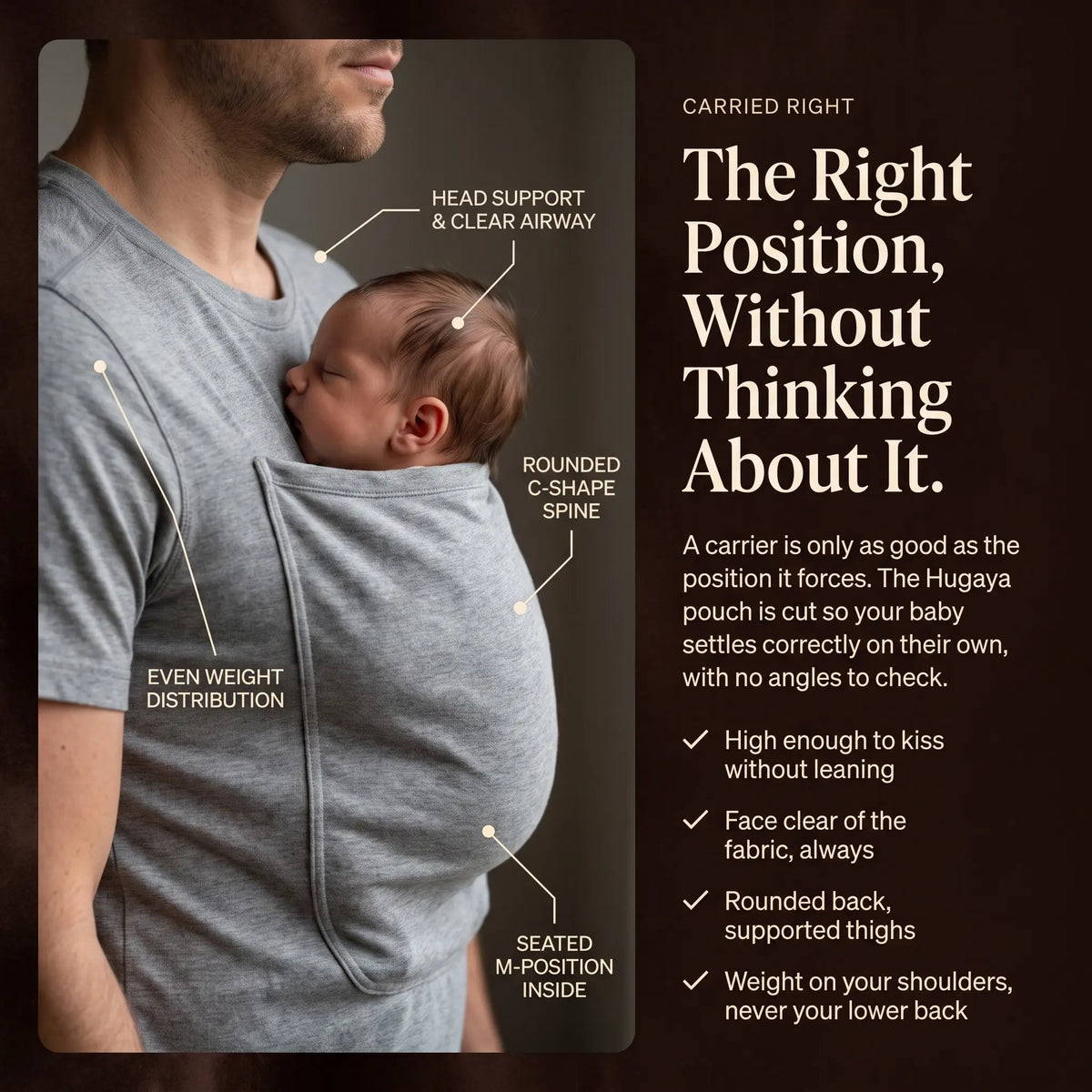 Baby's position in the pocket: head supported, face clear, knees up