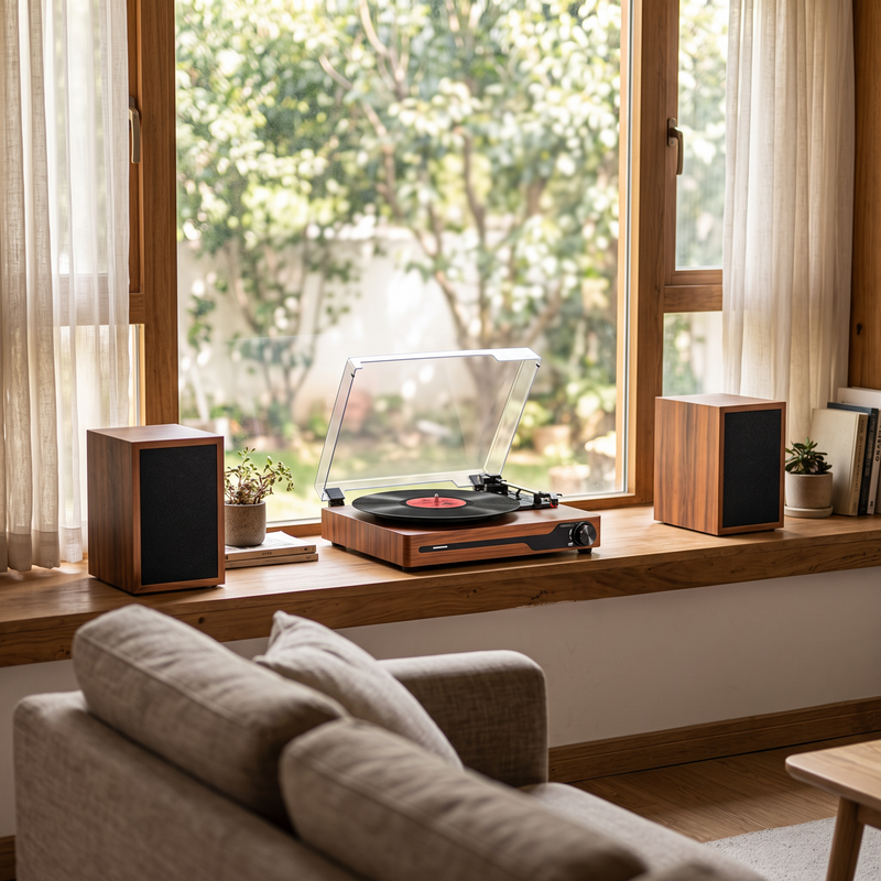 The Heirloom Duo with speakers either side of a window