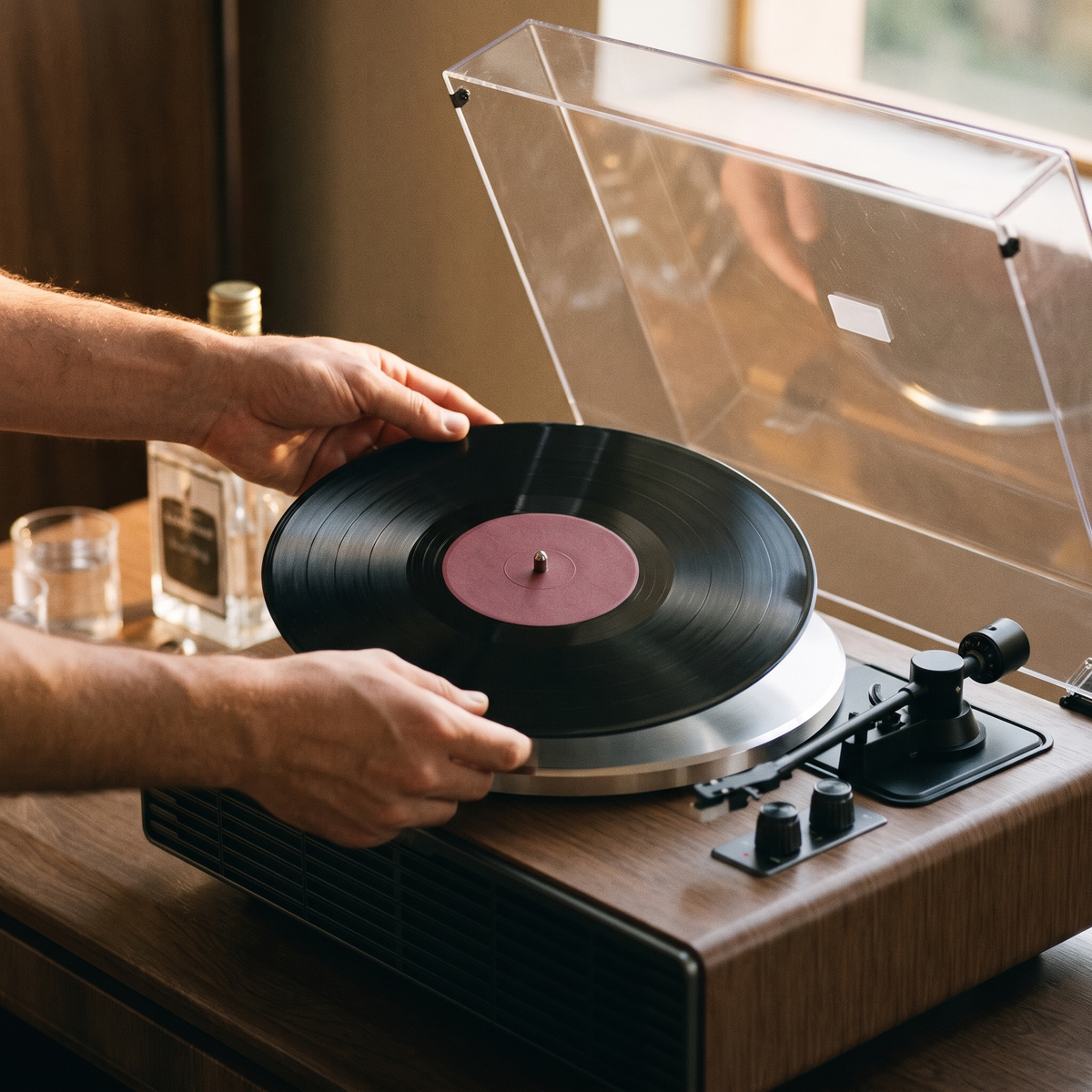 A hand placing a record on a turntable platter