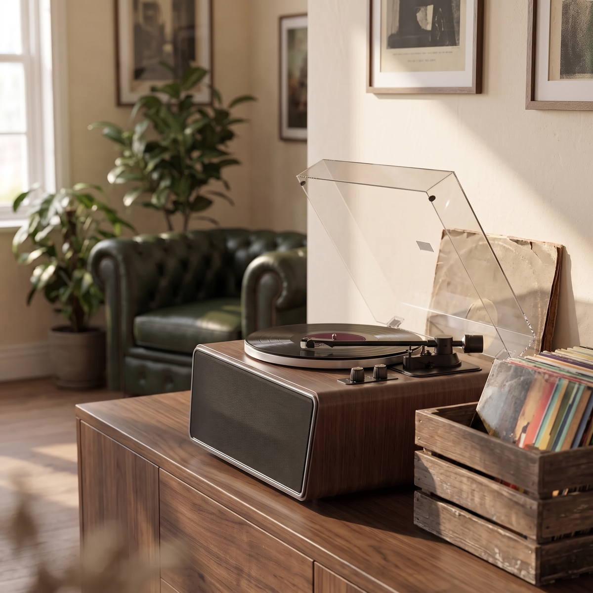 A turntable with built-in speakers on a sideboard beside a crate of records