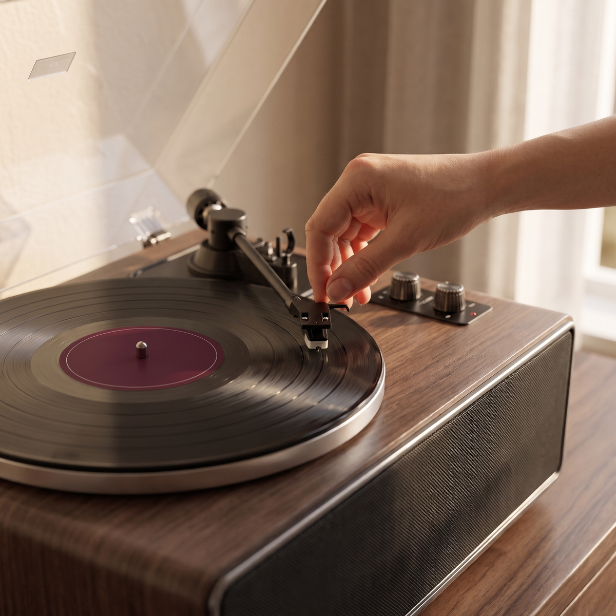 A hand lowering a tonearm onto a record