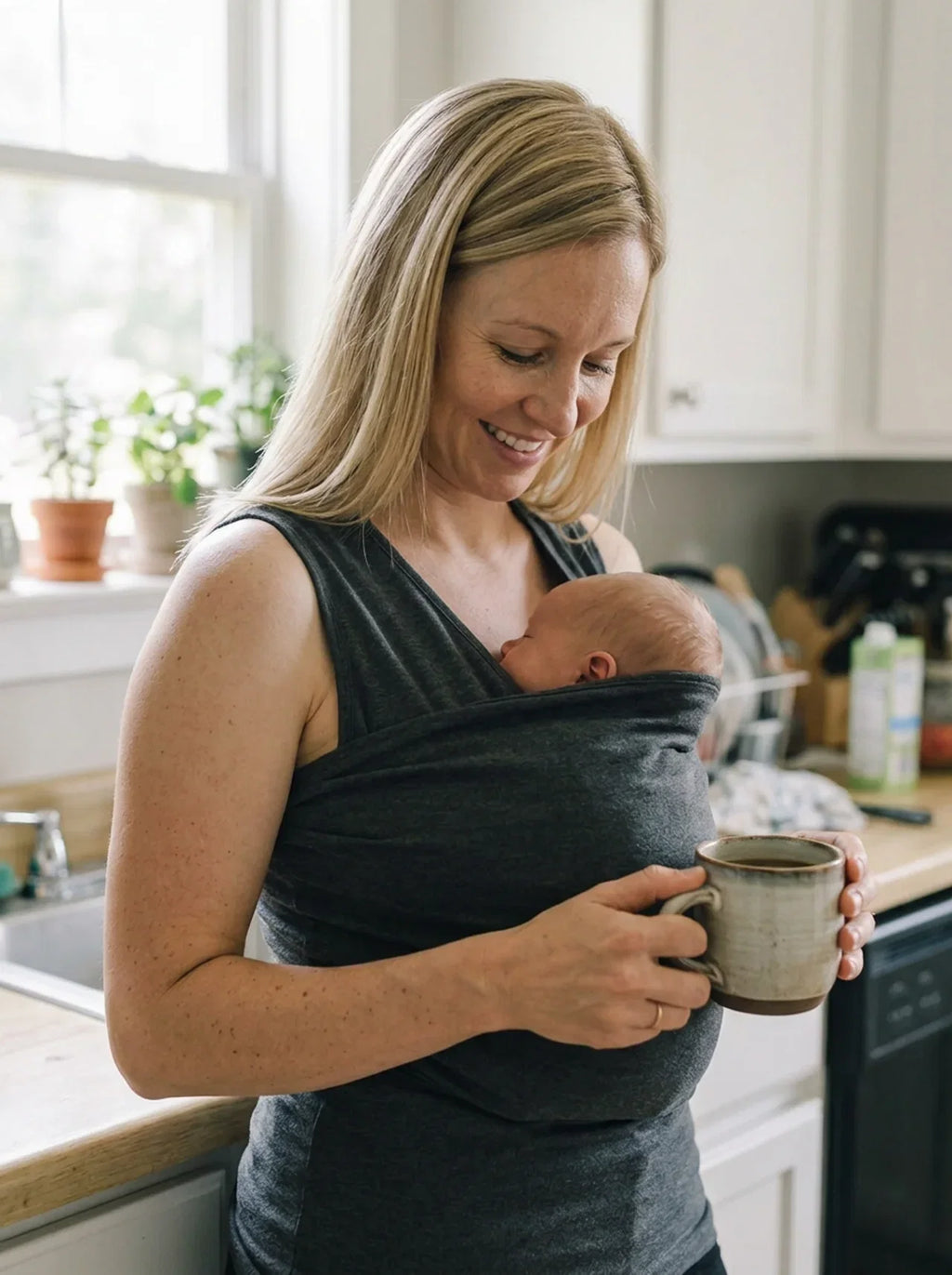 Débardeur porte-bébé Hugaya porté par une mère, bébé installé contre elle, coloris gris