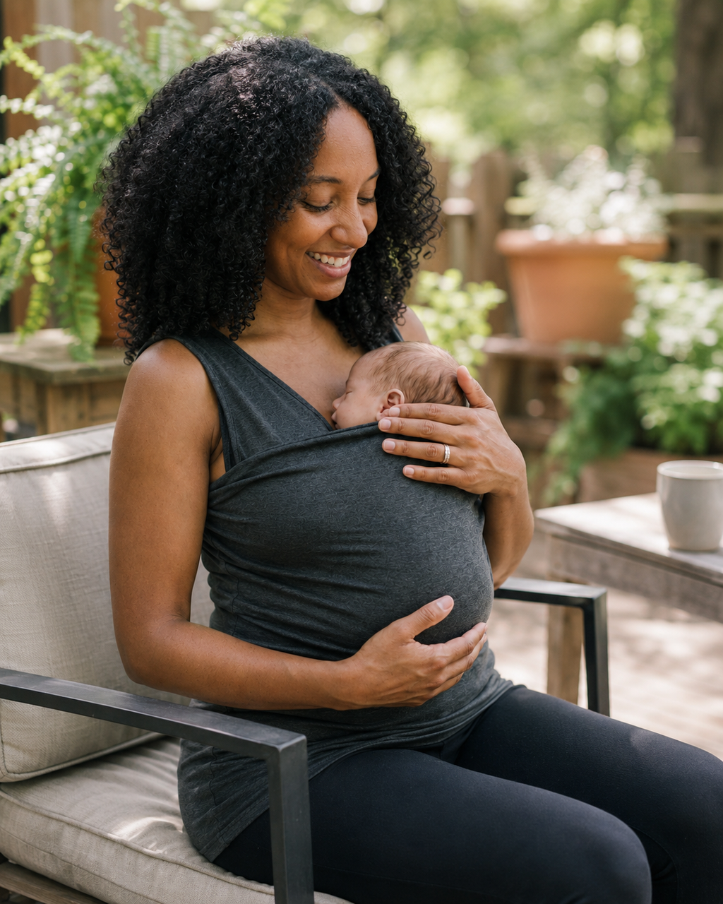 Débardeur porte-bébé Hugaya porté par une mère, bébé installé contre elle, coloris gris