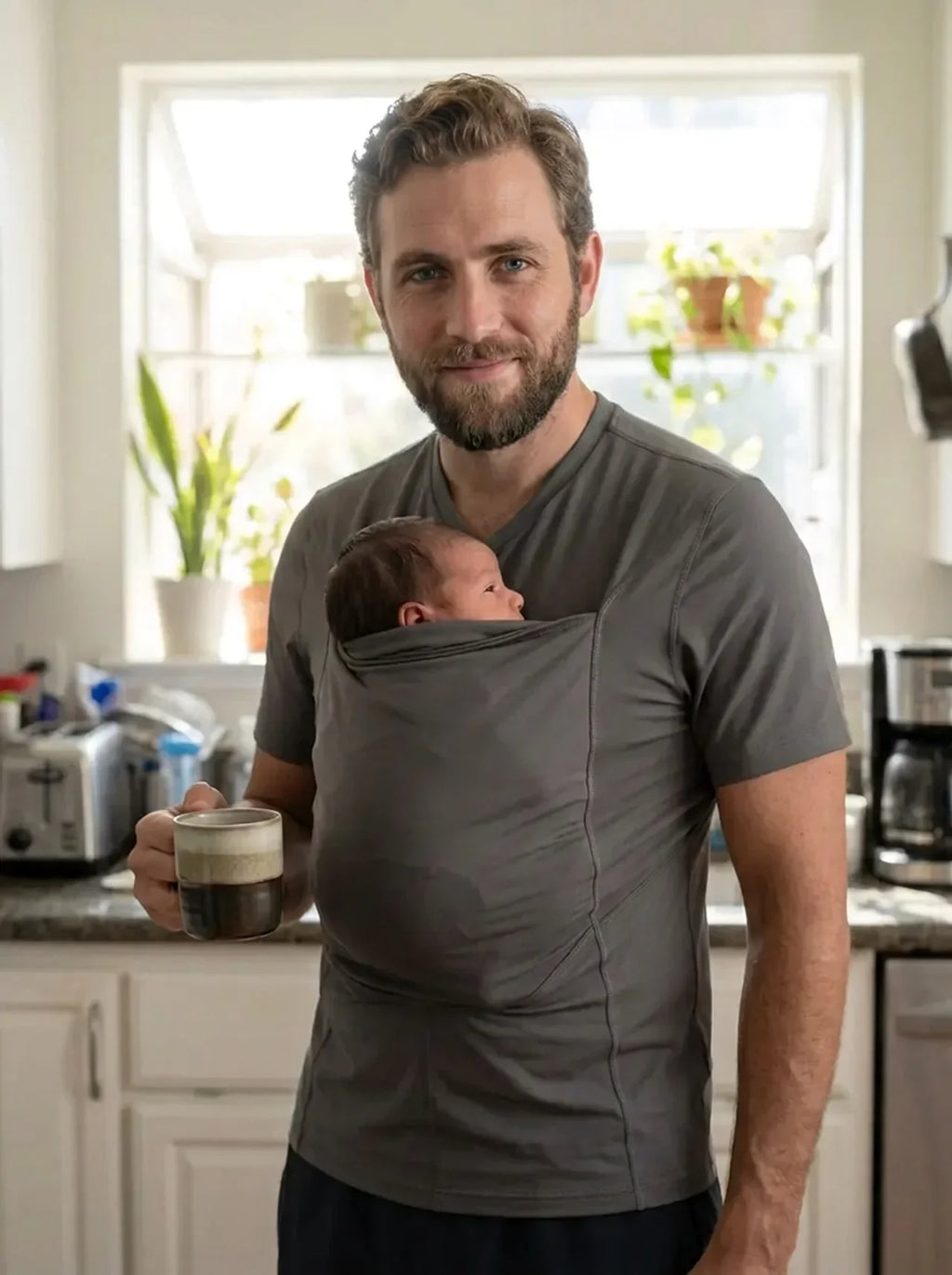 T-shirt porte-bébé Hugaya porté par un père, bébé installé contre lui, coloris gris