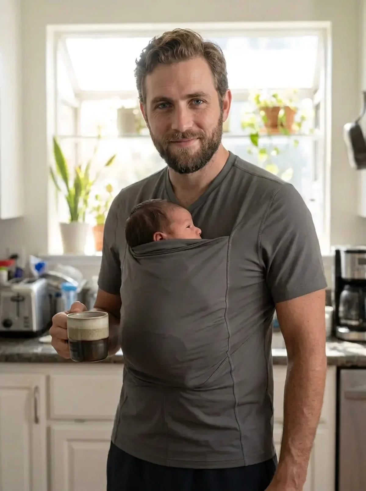 T-shirt porte-bébé Hugaya porté par un père, bébé installé contre lui, coloris gris