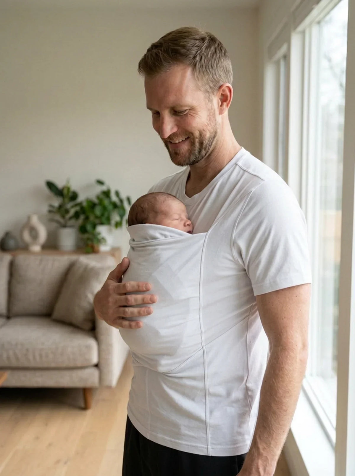 T-shirt porte-bébé Hugaya porté par un père, bébé installé contre lui, coloris blanc