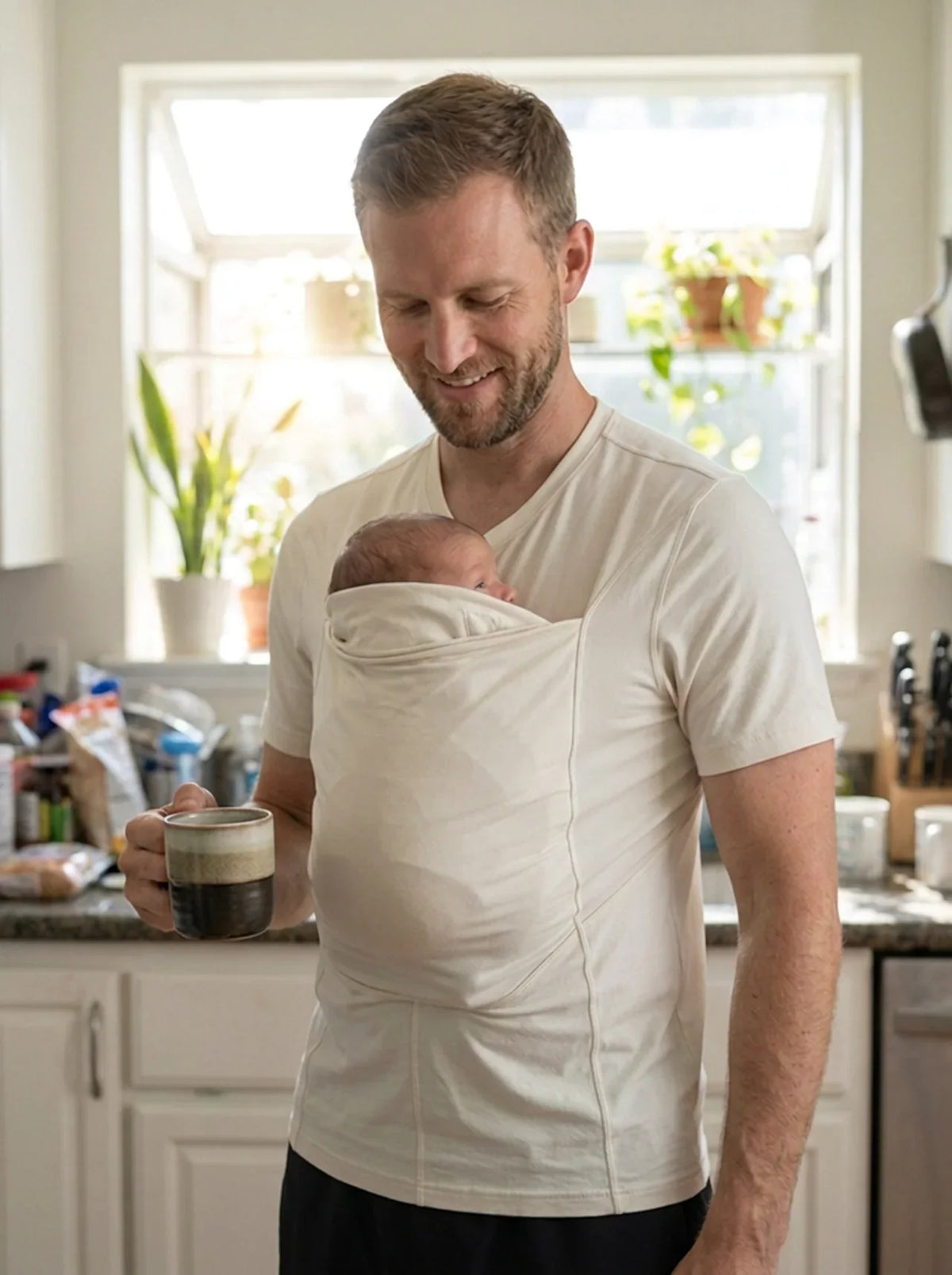 T-shirt porte-bébé Hugaya porté par un père, bébé installé contre lui, coloris blanc