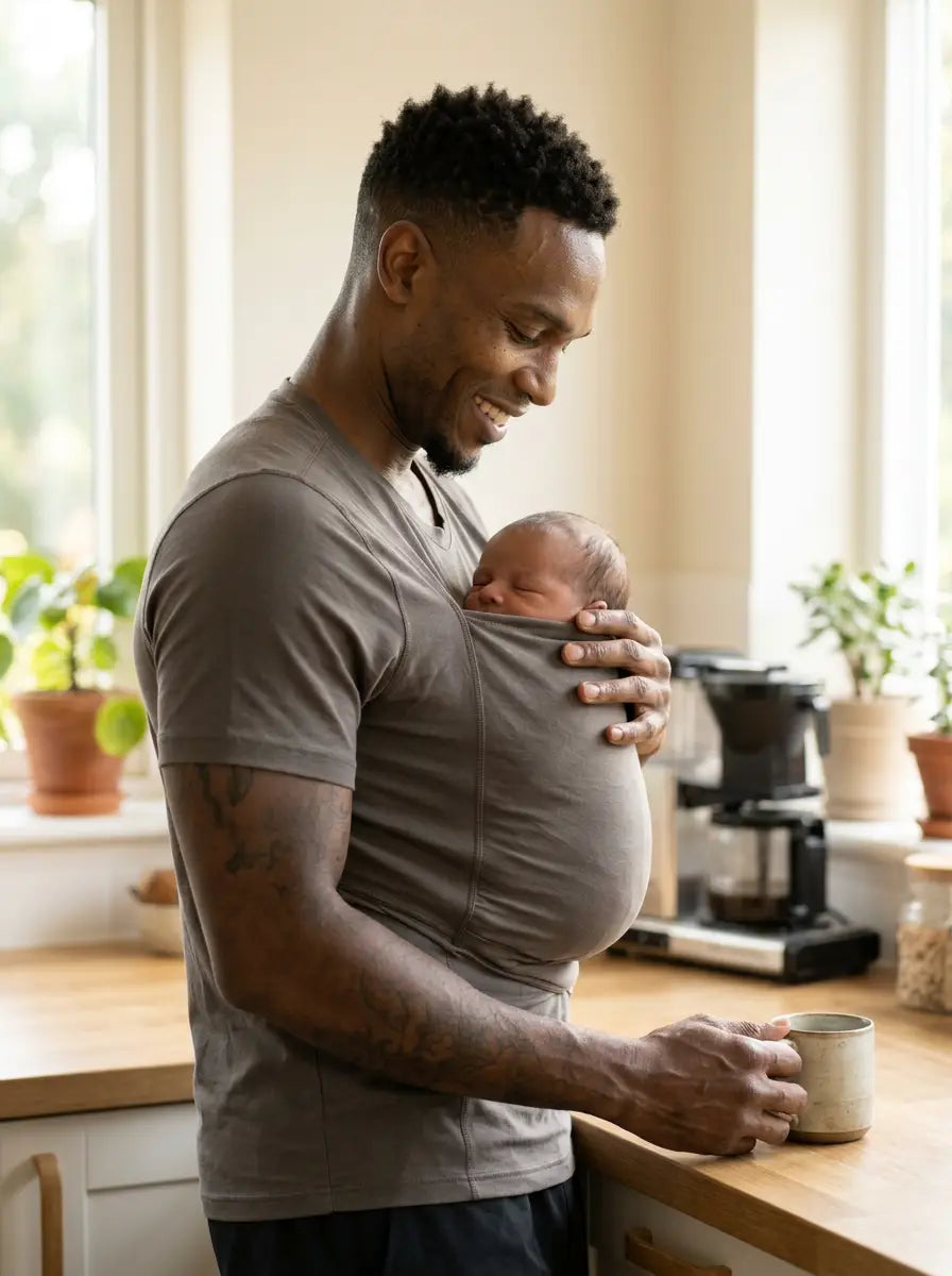 Père en cuisine portant le t-shirt porte-bébé Hugaya gris, son bébé installé contre lui, une main libre pour son café