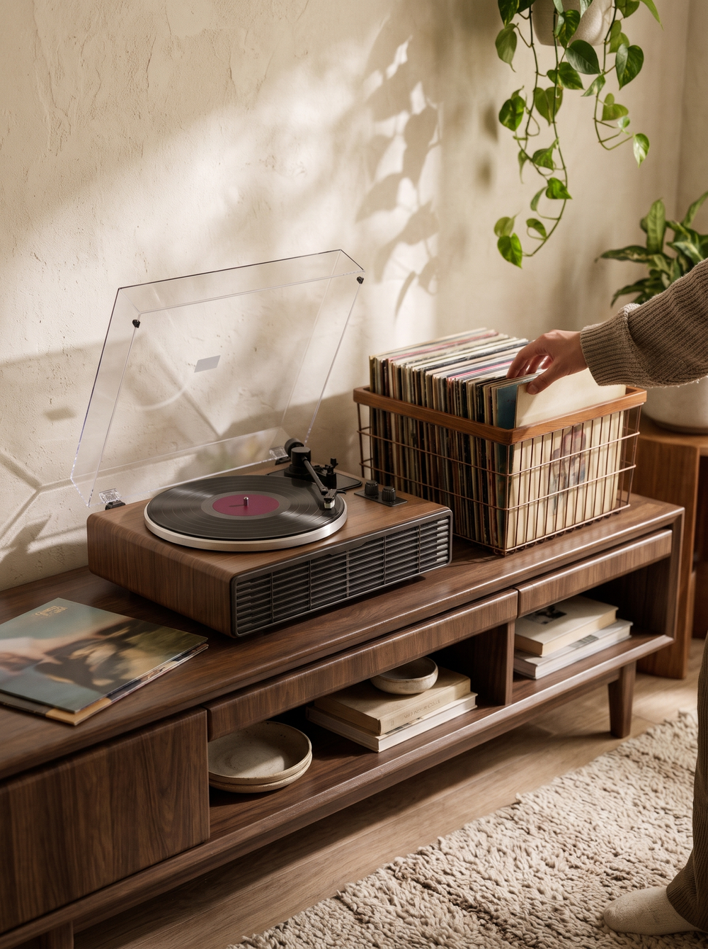 Flipping through records beside the Heirloom Four