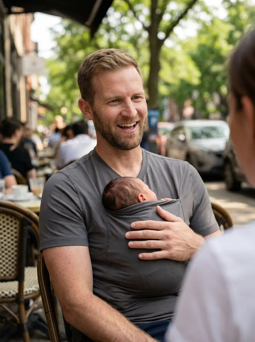 T-shirt porte-bébé Hugaya porté par un père, bébé installé contre lui, coloris gris