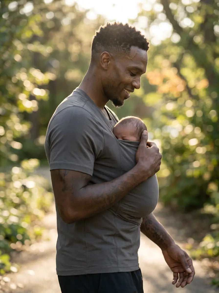 T-shirt porte-bébé Hugaya porté par un père, bébé installé contre lui, coloris gris