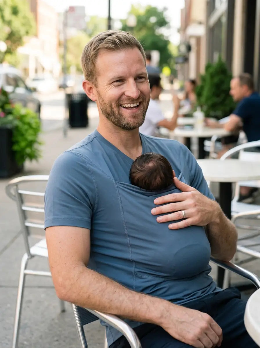 T-shirt porte-bébé Hugaya porté par un père, bébé installé contre lui, coloris bleu