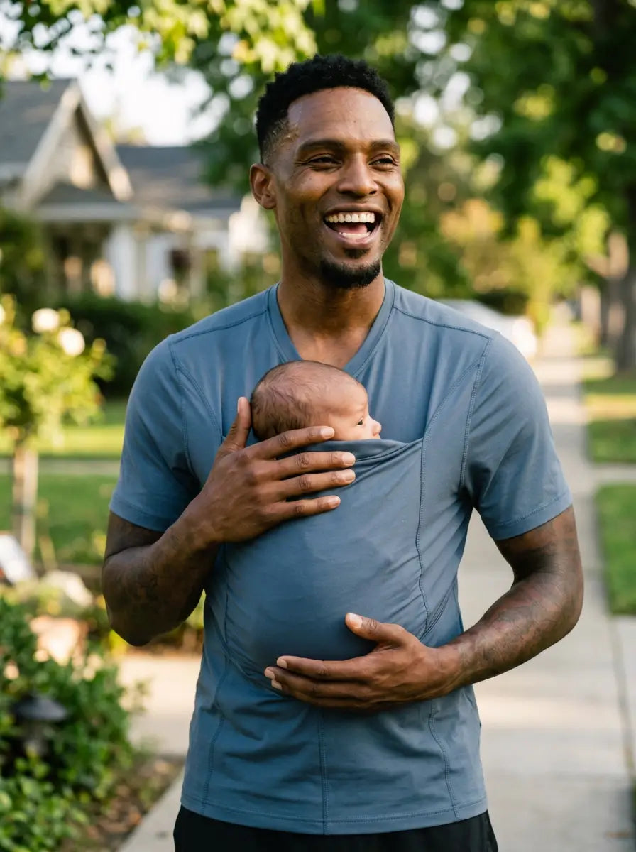 T-shirt porte-bébé Hugaya porté par un père, bébé installé contre lui, coloris bleu