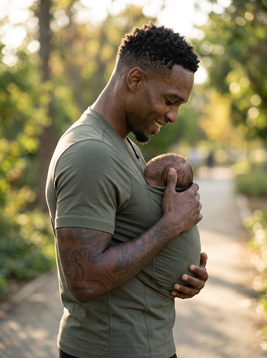 T-shirt porte-bébé Hugaya porté par un père, bébé installé contre lui, coloris vert