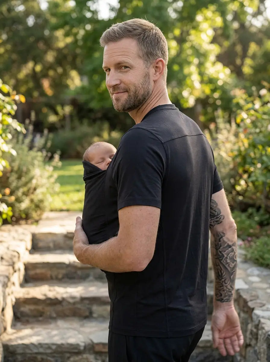 T-shirt porte-bébé Hugaya porté par un père, bébé installé contre lui, coloris noir