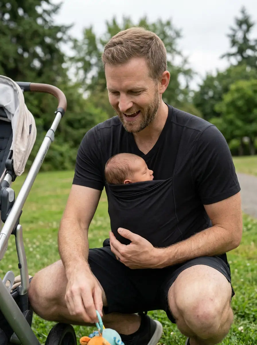 T-shirt porte-bébé Hugaya porté par un père, bébé installé contre lui, coloris noir