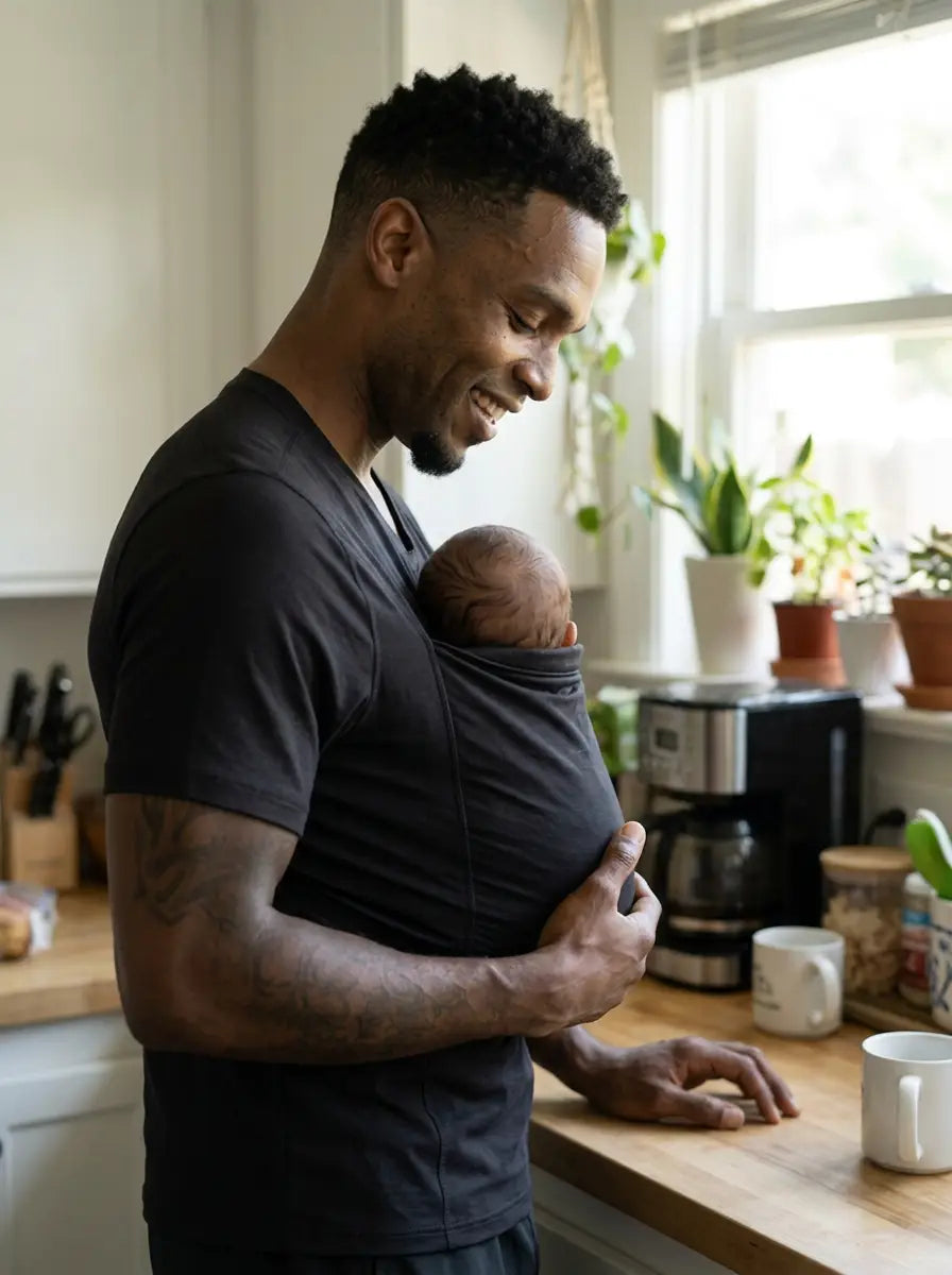 T-shirt porte-bébé Hugaya porté par un père, bébé installé contre lui, coloris noir