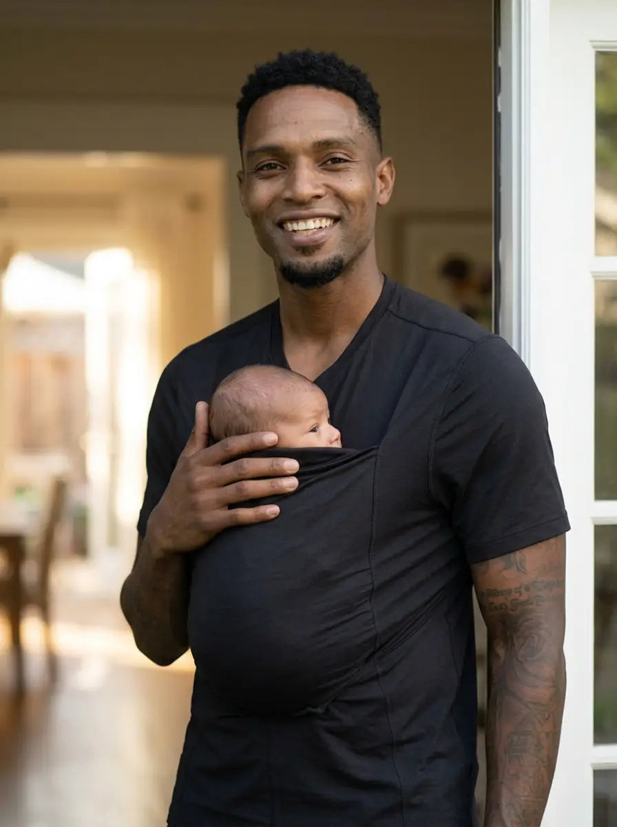 T-shirt porte-bébé Hugaya porté par un père, bébé installé contre lui, coloris noir