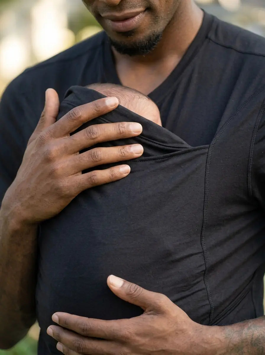 T-shirt porte-bébé Hugaya porté par un père, bébé installé contre lui, coloris noir