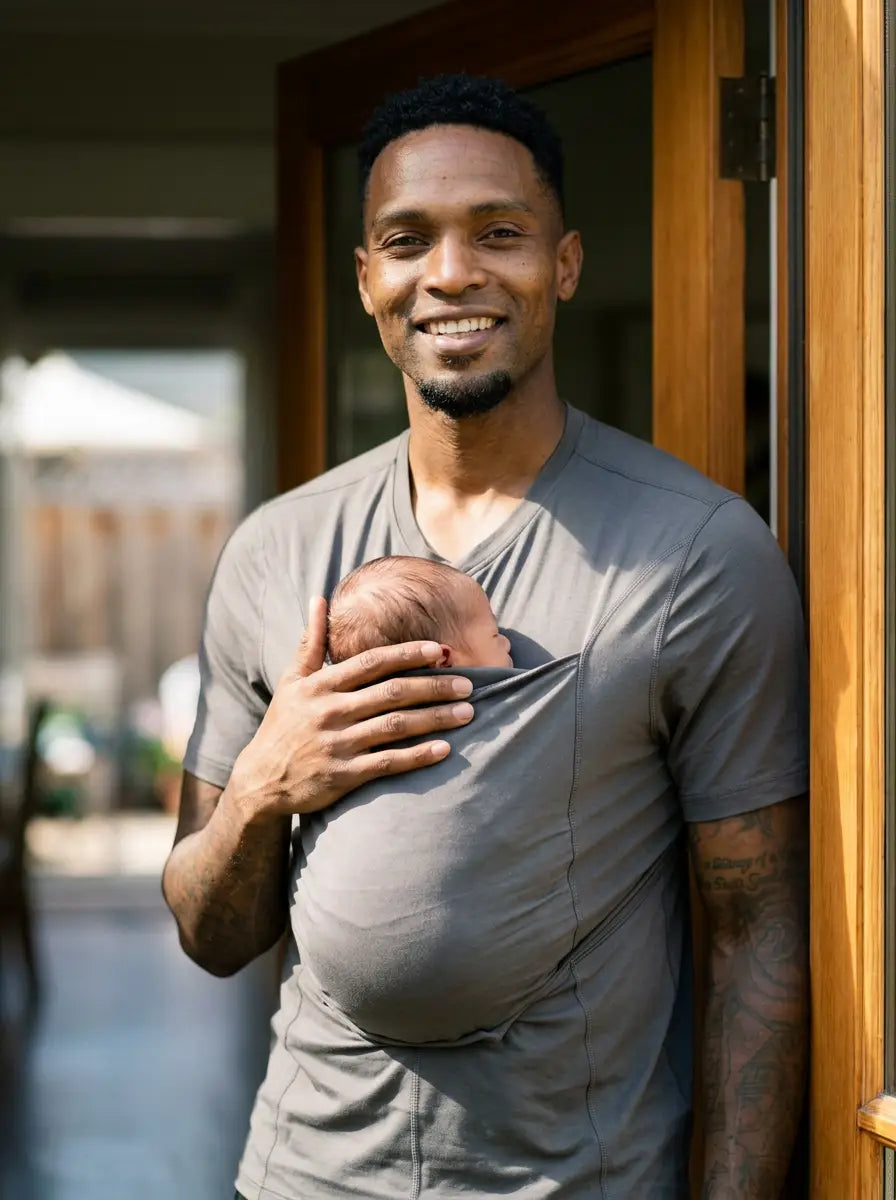 T-shirt porte-bébé Hugaya porté par un père, bébé installé contre lui, coloris gris