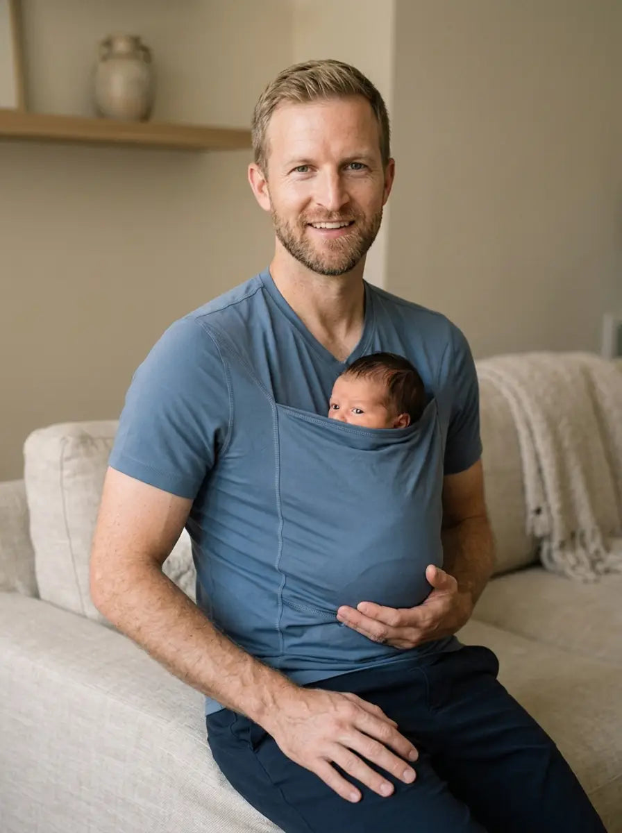 T-shirt porte-bébé Hugaya porté par un père, bébé installé contre lui, coloris bleu