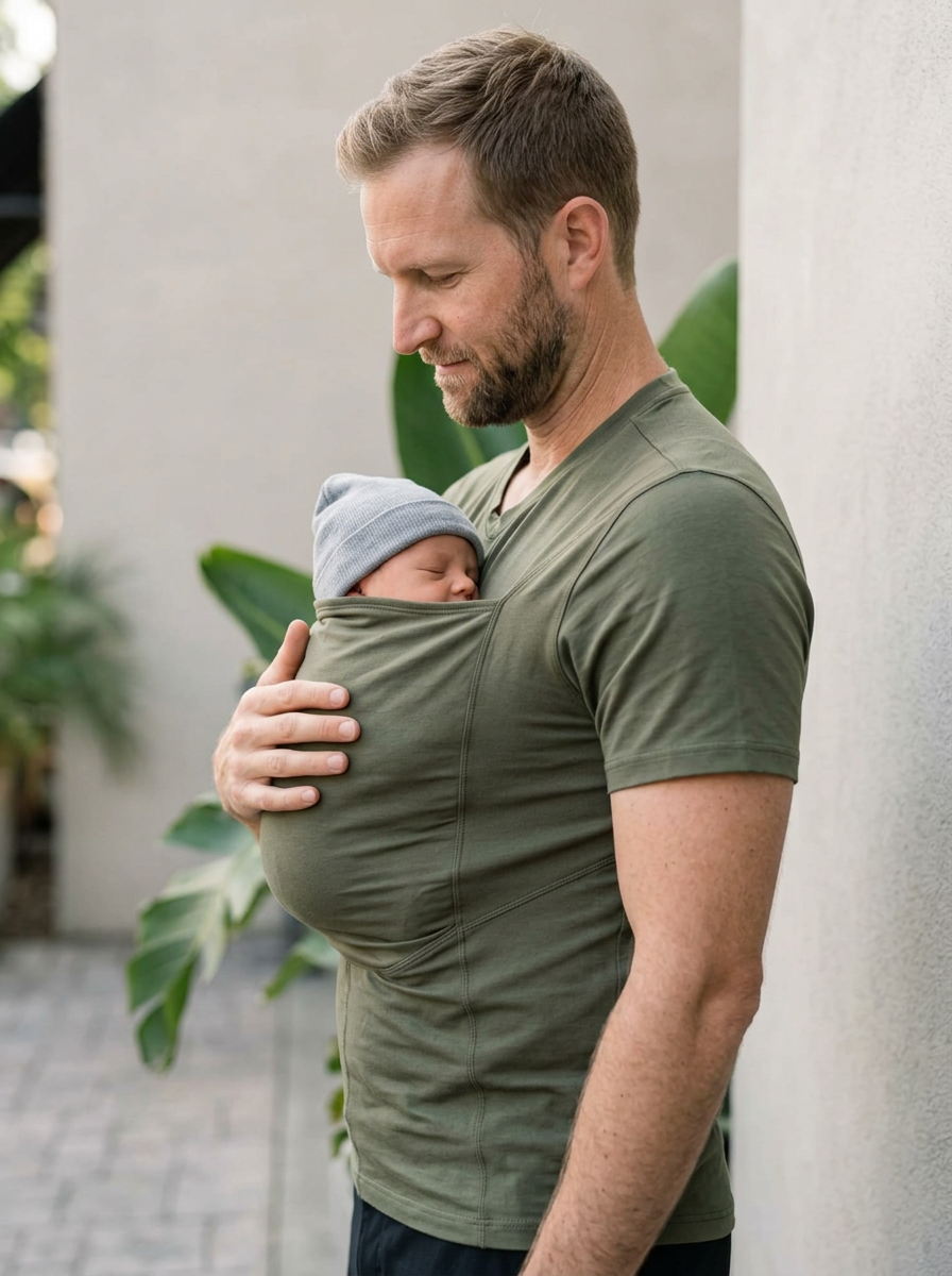 T-shirt porte-bébé Hugaya porté par un père, bébé installé contre lui, coloris vert