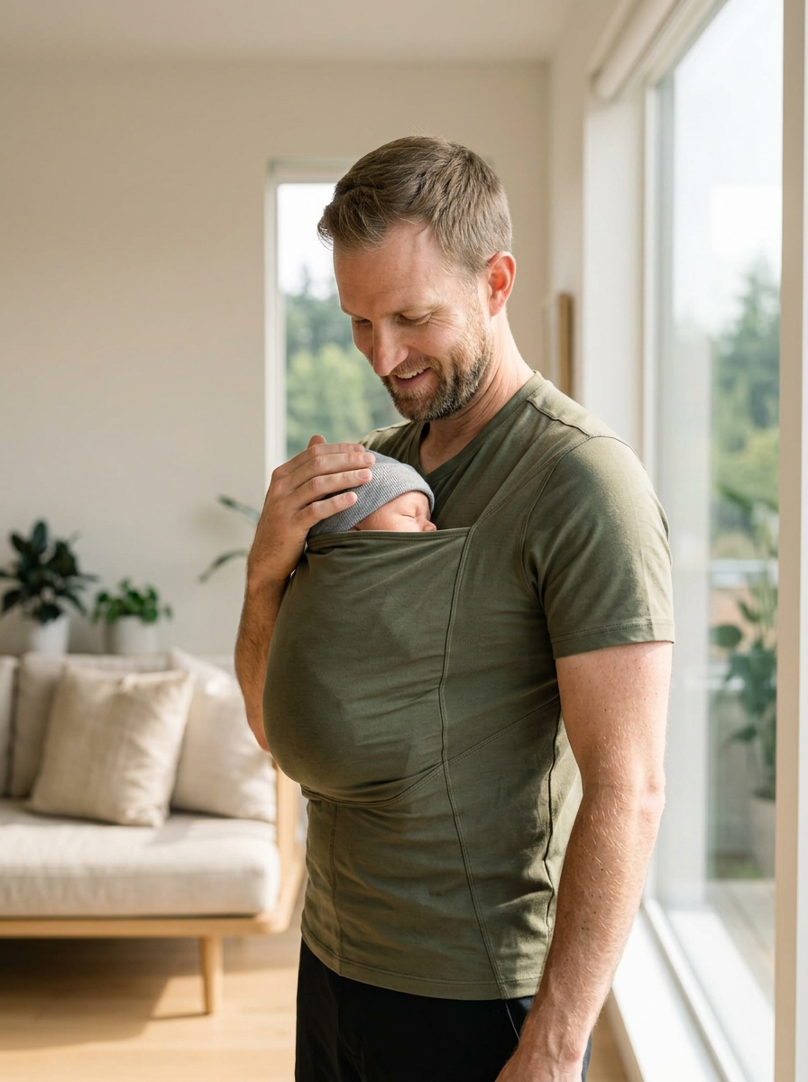 T-shirt porte-bébé Hugaya porté par un père, bébé installé contre lui, coloris vert