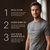 Three moves: pull on the t-shirt, slide baby into the pocket, hands free
