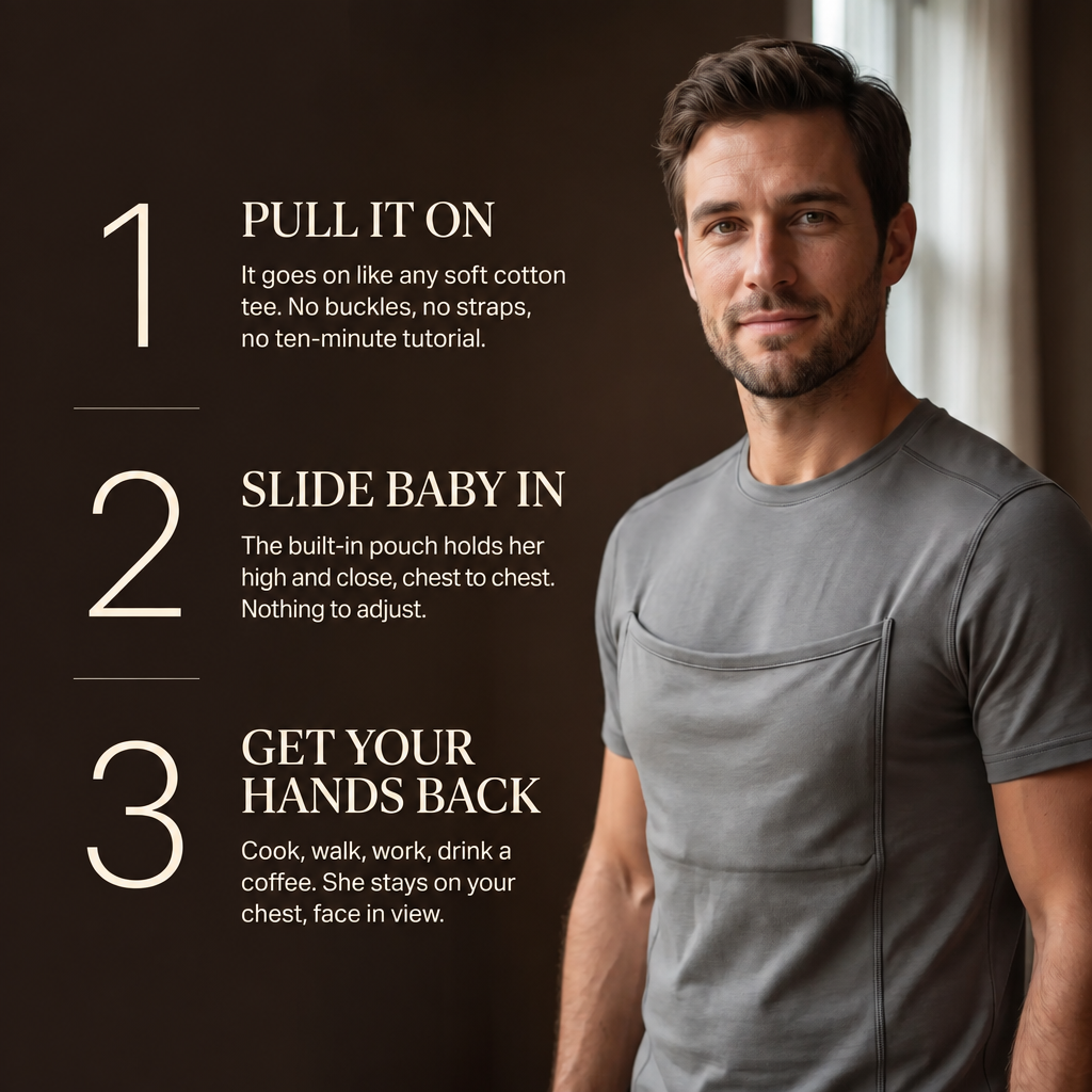 Three moves: pull on the t-shirt, slide baby into the pocket, hands free