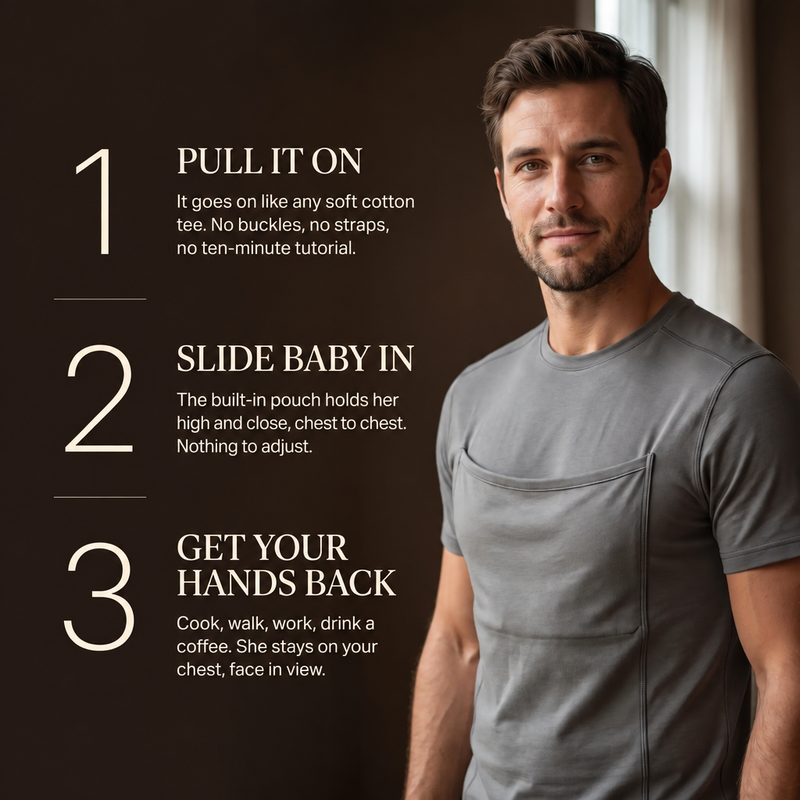Three moves: pull on the t-shirt, slide baby into the pocket, hands free