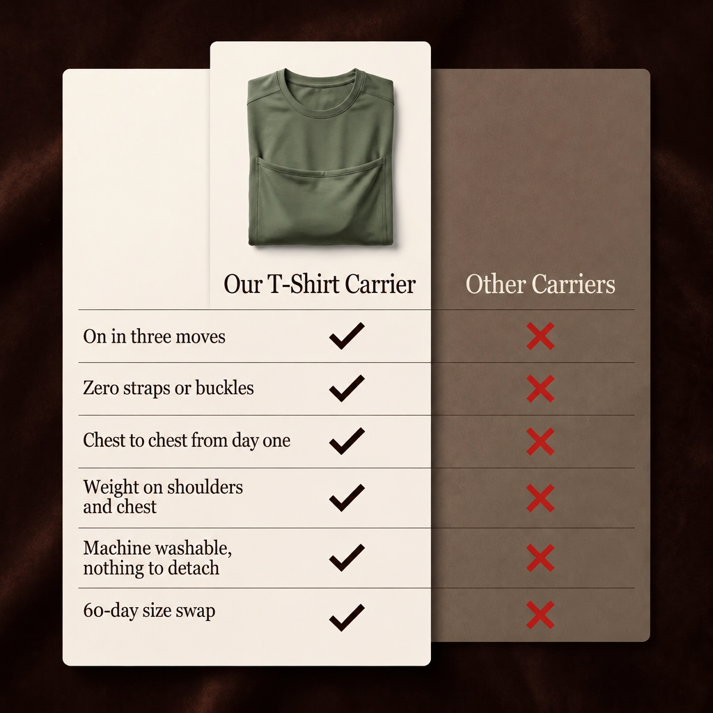 Hugaya carrier t-shirt compared with a classic strap carrier