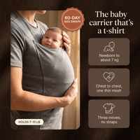 The baby carrier that's a t-shirt: dad with newborn in the front pocket, holds 7-15 lb, 60-day size swaps