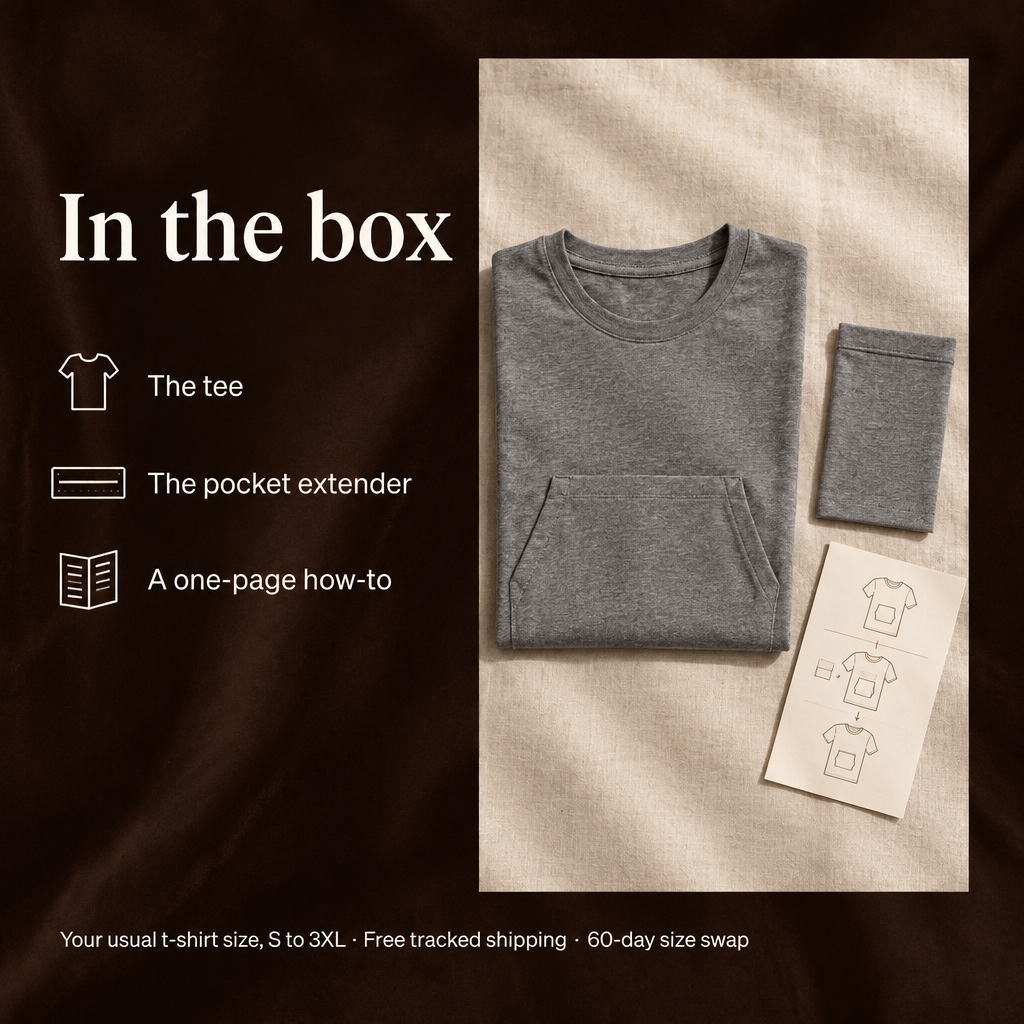 In the box: the tee, the pocket extender, a one-page how-to