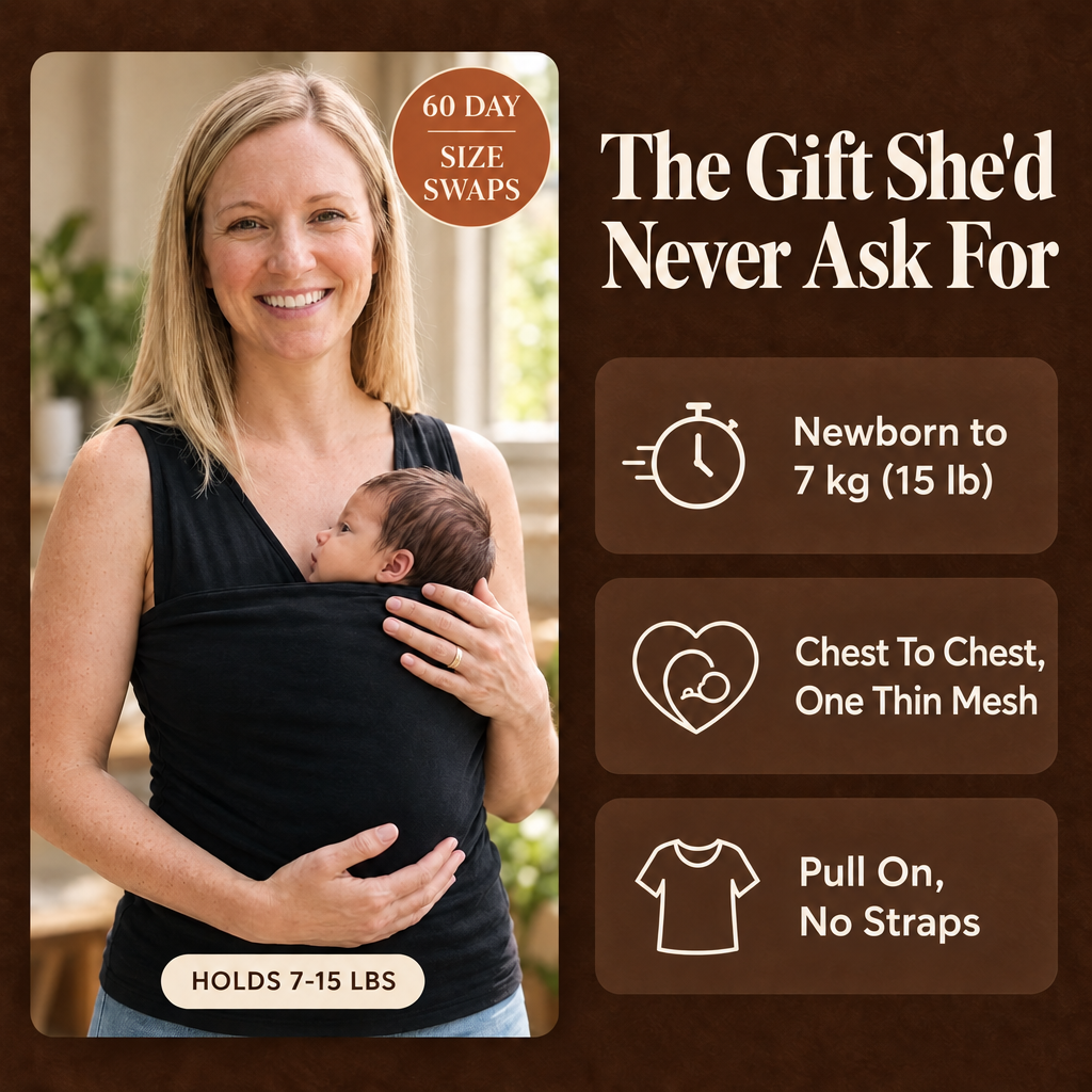Mum carrier top, black — newborn in the front pocket, built-in nursing bra