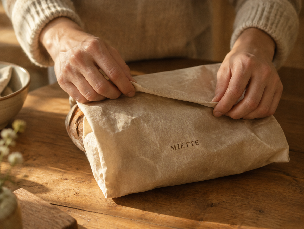 Deux mains qui replient le rabat du sac MIETTE