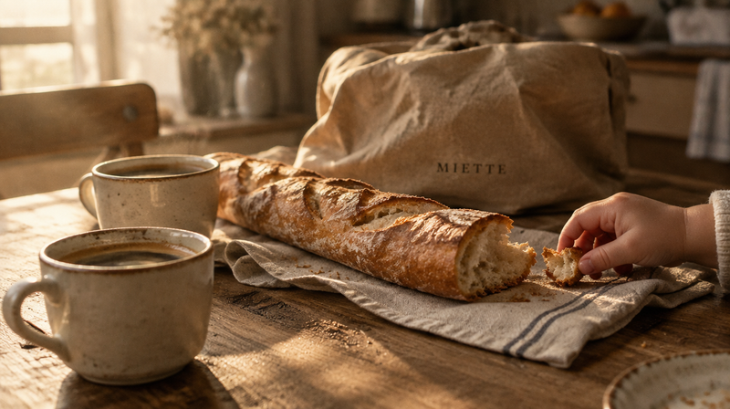 Table du matin, deux tasses, une main d'enfant qui prend un bout de baguette