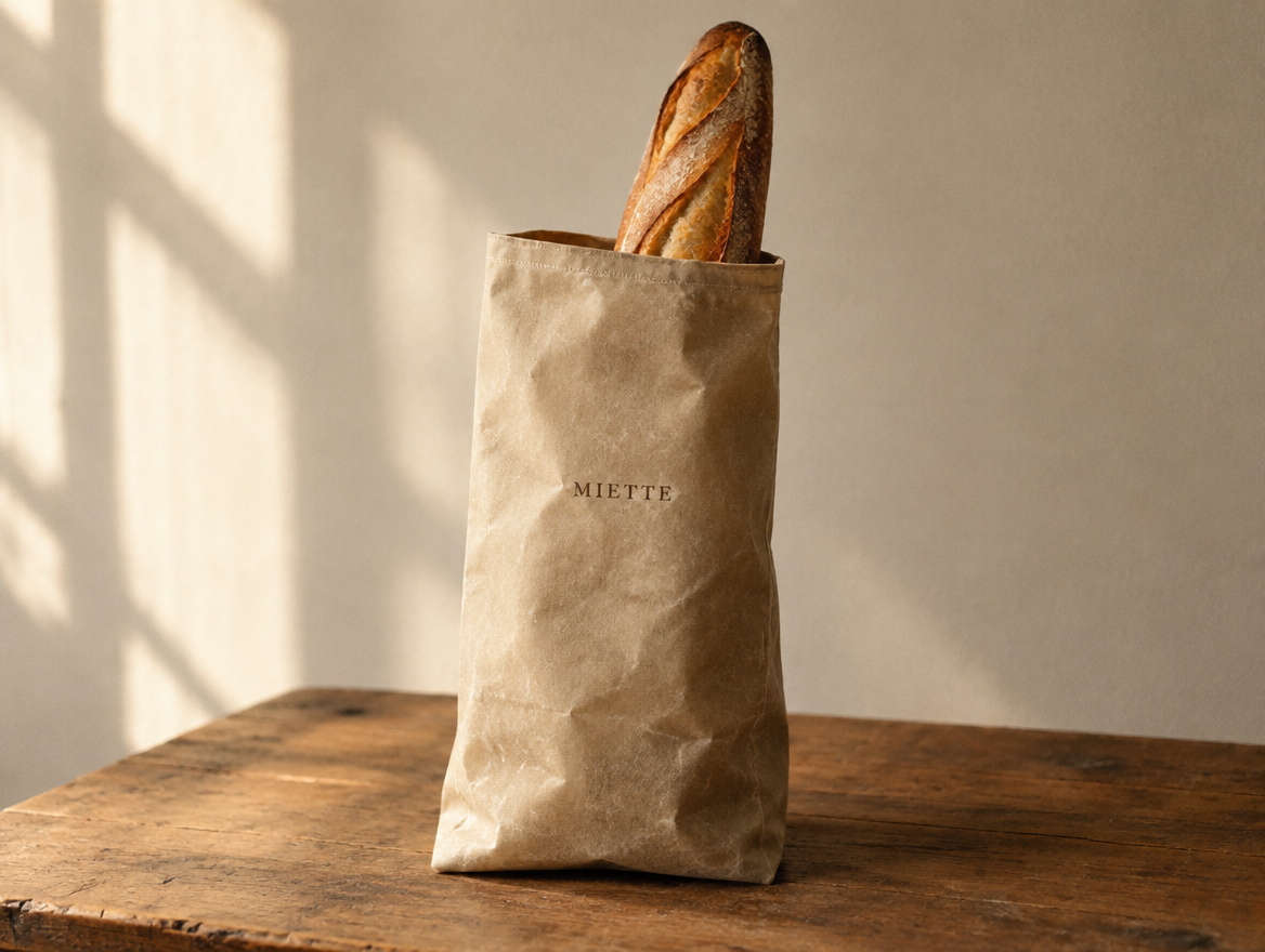 Le sac à pain MIETTE sur un plan de travail en bois, une baguette qui dépasse