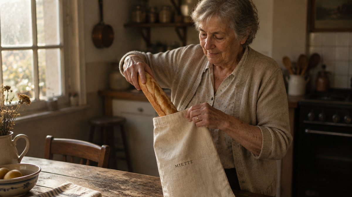 Une femme âgée glisse une baguette dans son sac à pain MIETTE, dans sa cuisine, au matin