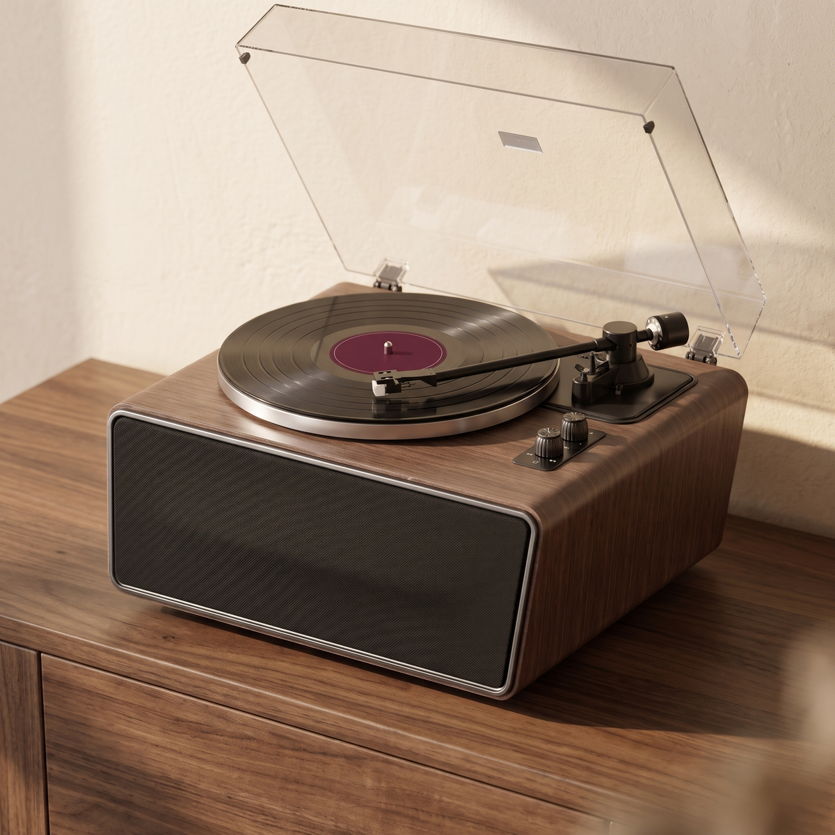 The Heirloom One walnut turntable with built-in speakers