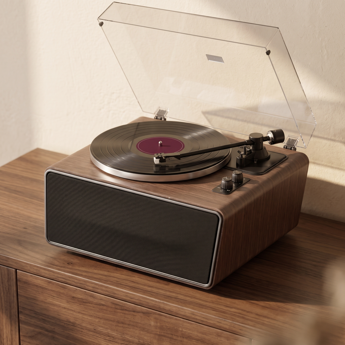 The Heirloom One walnut turntable with built-in speakers