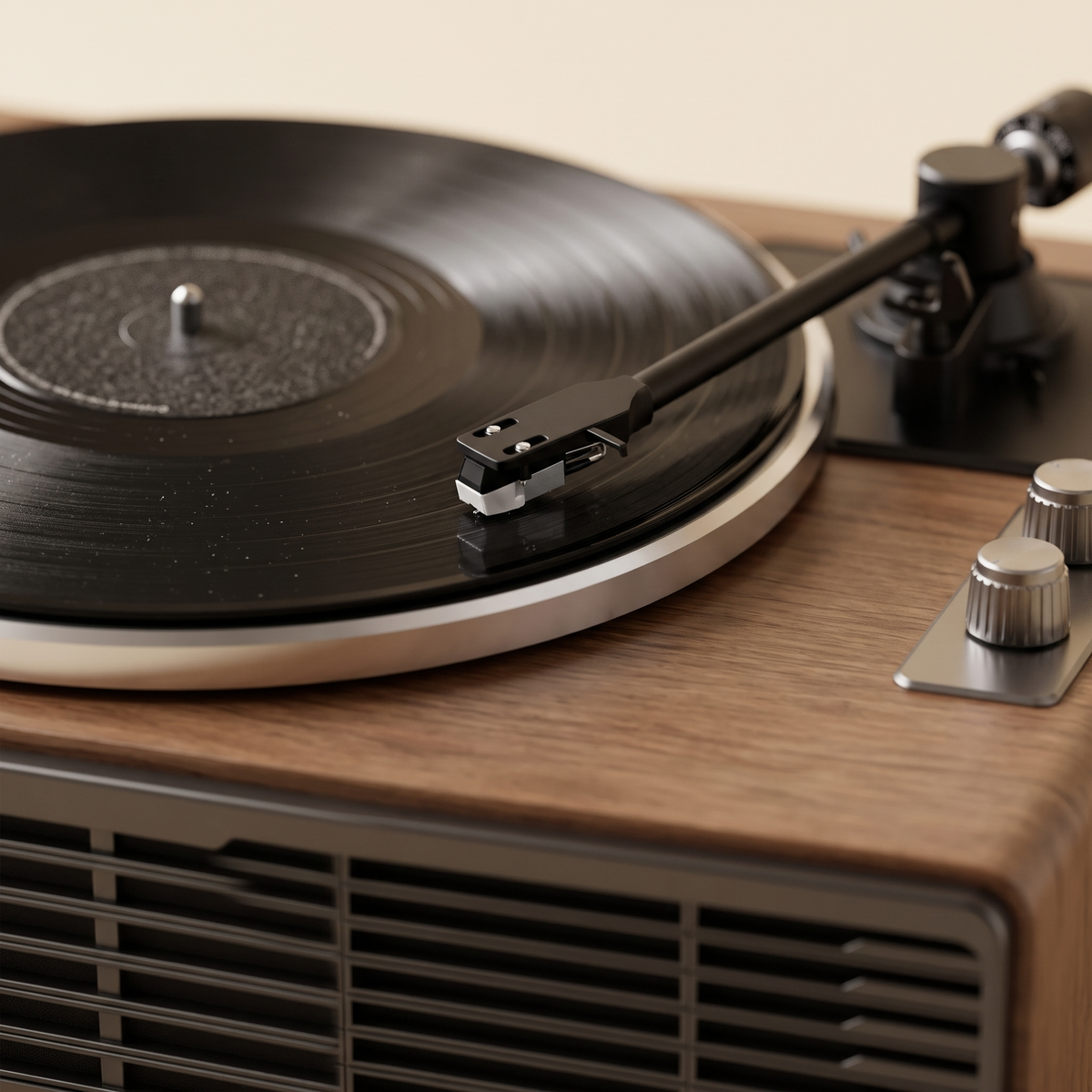 Tonearm and walnut cabinet detail