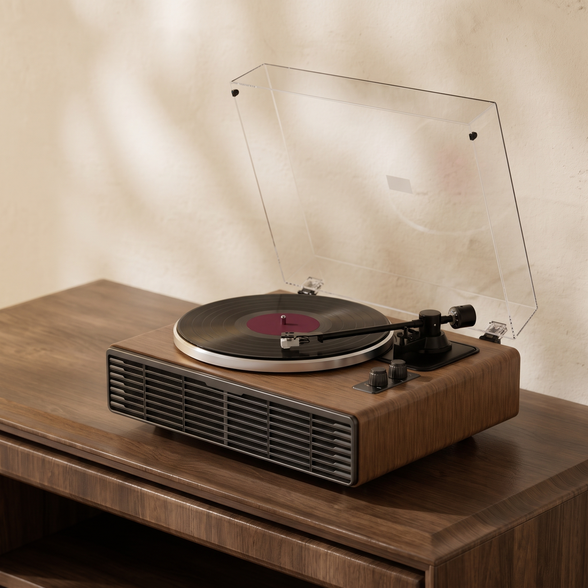 The Heirloom Four walnut turntable with four built-in speakers