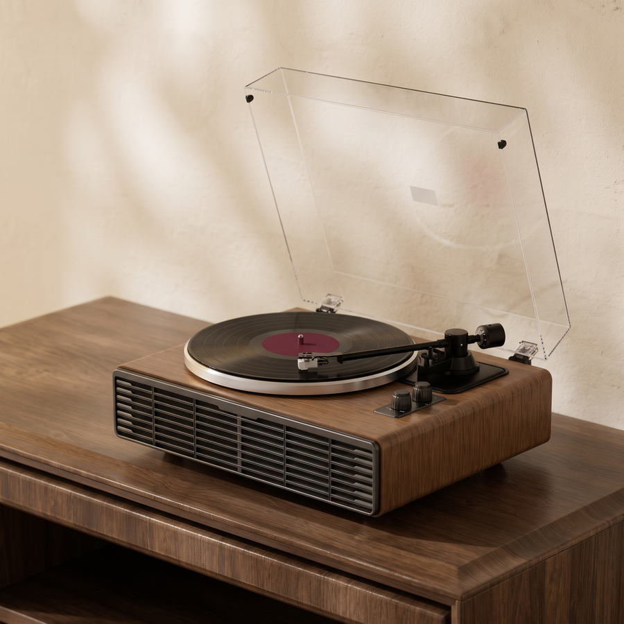 The Heirloom Four walnut turntable with four built-in speakers