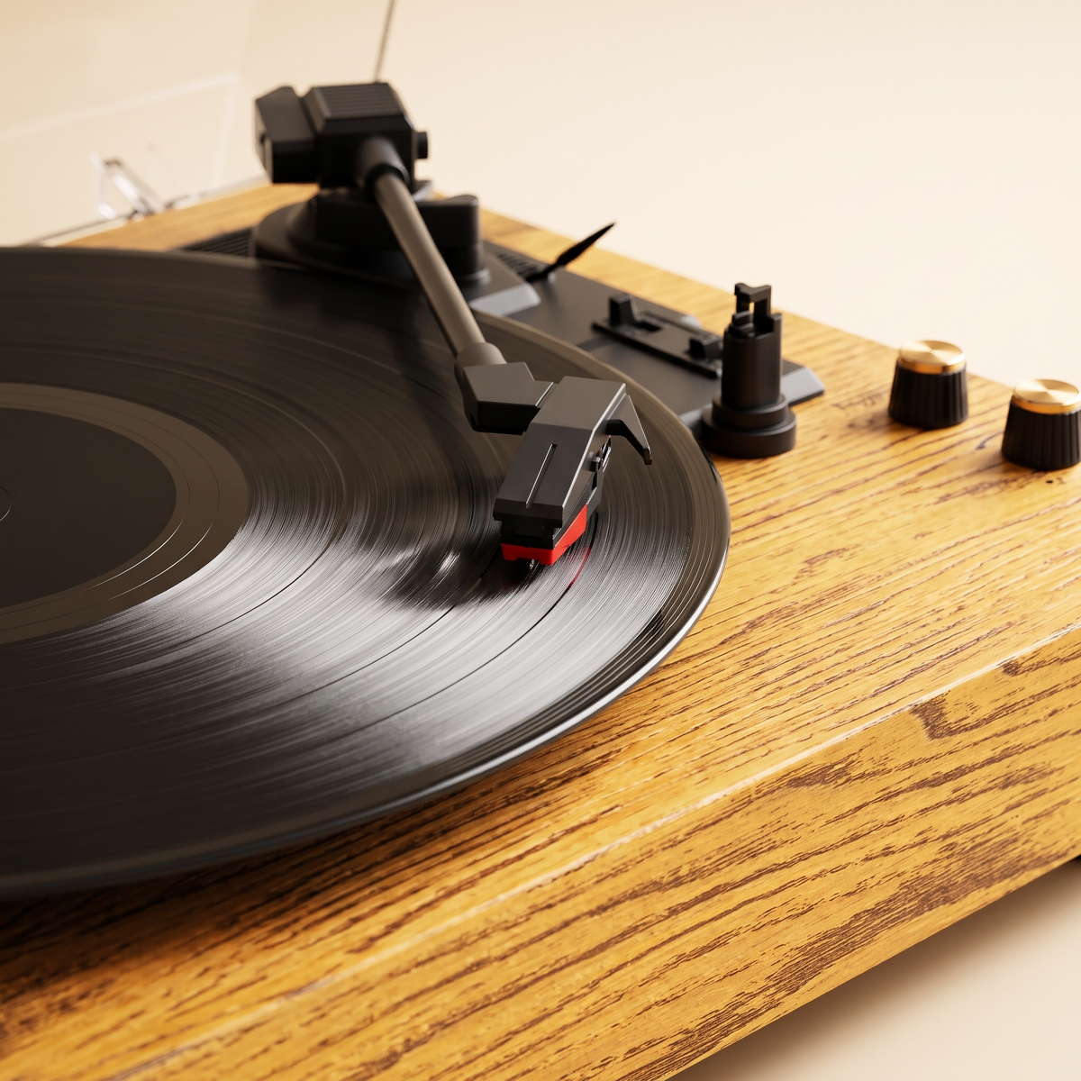 Tonearm and wood plinth detail