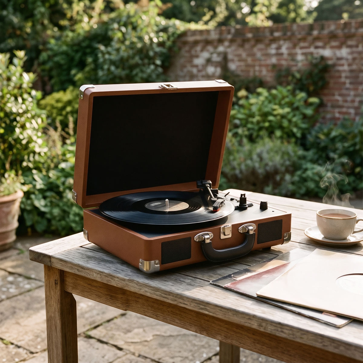 The Heirloom Carry playing records in the garden