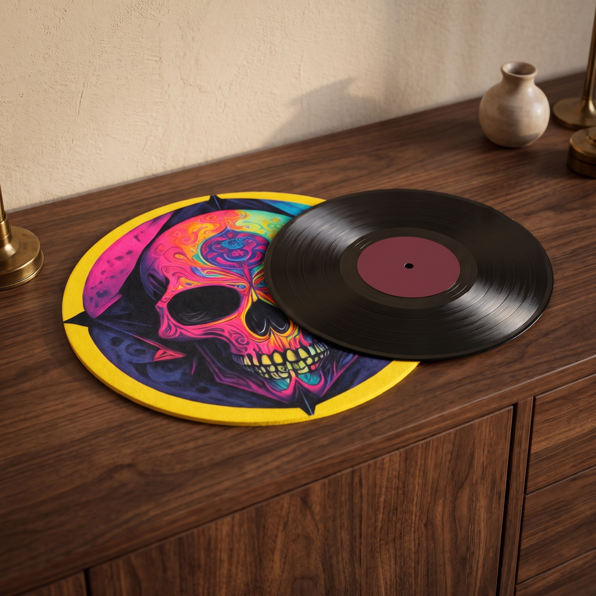 Felt record mat with a vinyl record