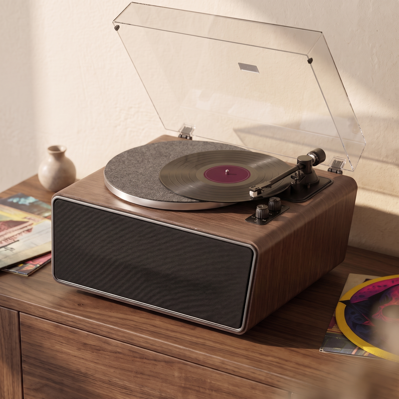 Felt record mat on a walnut turntable in a living room