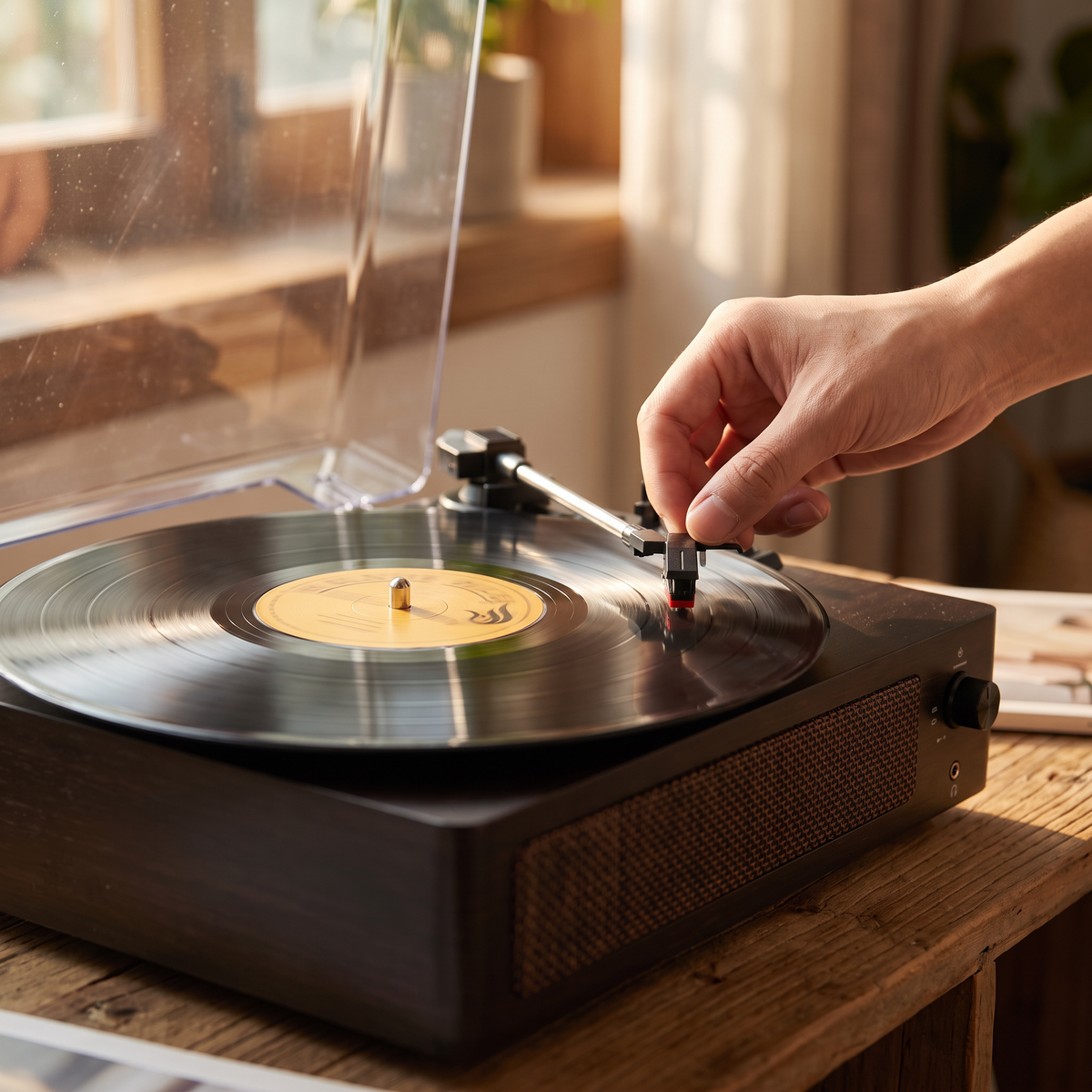 Lowering the tonearm on the Heirloom Studio