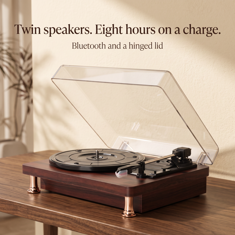Twin speakers, eight hours on a charge