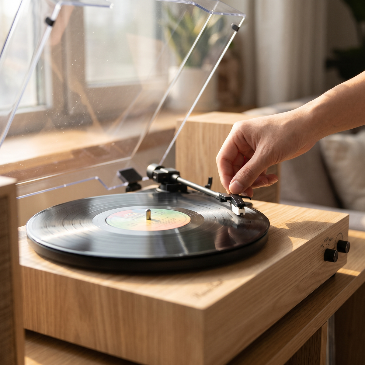 Lowering the tonearm on the Heirloom Oak